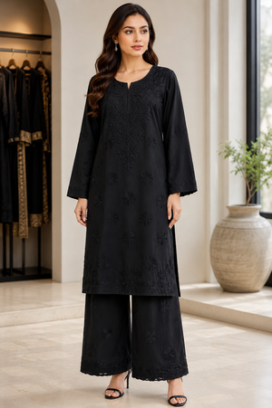 Black-on-black embroidered linen 2 piece co-ord set for women with matching embroidered palazzo