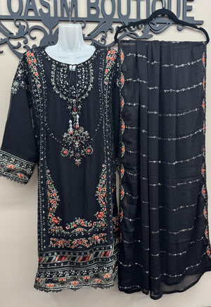 Black Pakistani party wear with embroidered chiffon dupatta