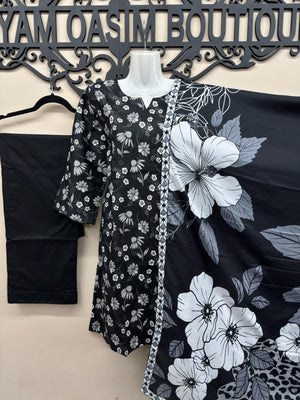 Black designer printed lawn suit with dupatta and trousers in Canada
