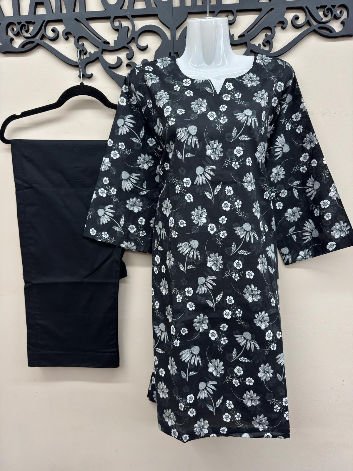 Black designer printed lawn suit with dupatta and trousers in Canada
