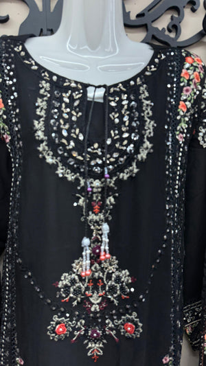 Black embroidered chiffon shirt with floral detailing