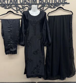 Black embroidered silk 3-piece Pakistani suit with chiffon dupatta