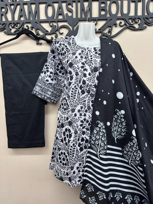 Black printed cotton lawn suit for women by Maryam Qasim Boutique