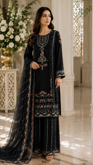 Black chiffon embroidered 3 piece Pakistani suit