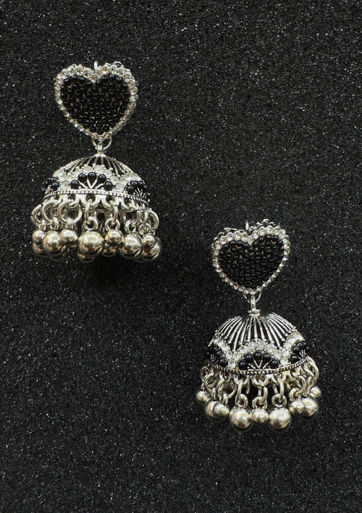 Silver Jhumka Earrings with Black Moti Heart Stud