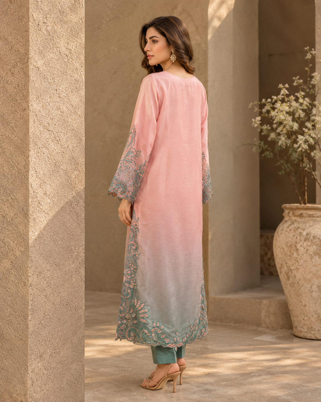 Blush pink Sheesha Silk embroidered shirt with sea green cutwork embroidery