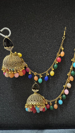Oxidized Gold Afghan jhumka earrings with colorful beads and decorative sahara chain in Canada