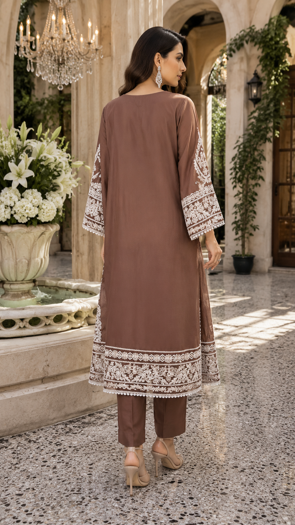 Brown Chiffon Aari Embroidered 3-Piece Pakistani Suit