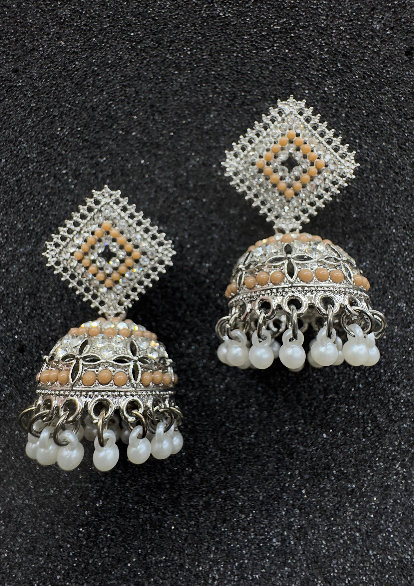 Silver Jhumka Earrings with Diamond-Style Stud and Beige Moti