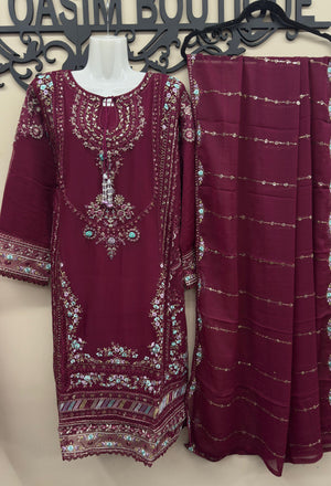Burgundy Pakistani wedding wear with embroidered dupatta