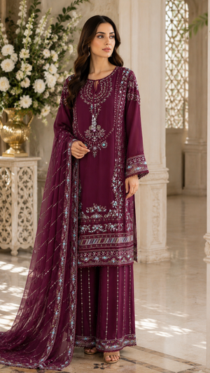 Burgundy chiffon embroidered 3 piece Pakistani suit