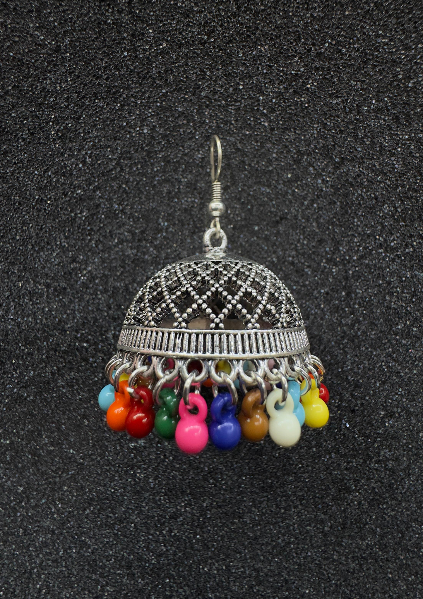 Silver Jhumka Earring with Multicolor Bead Fringe