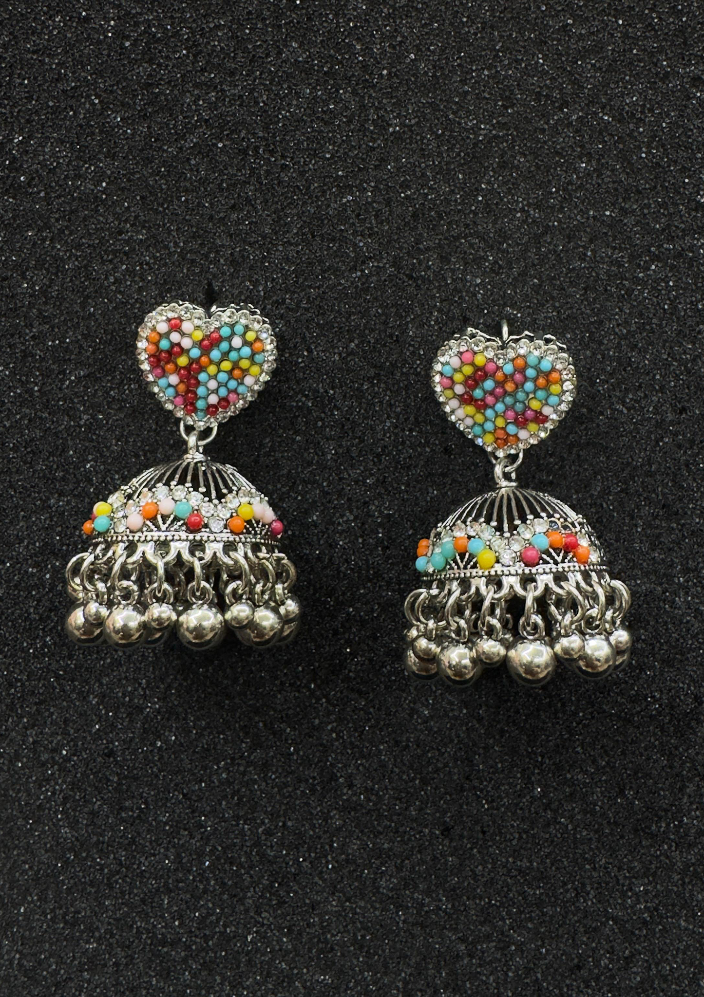Silver Jhumka Earrings with Colorful Moti Heart Stud