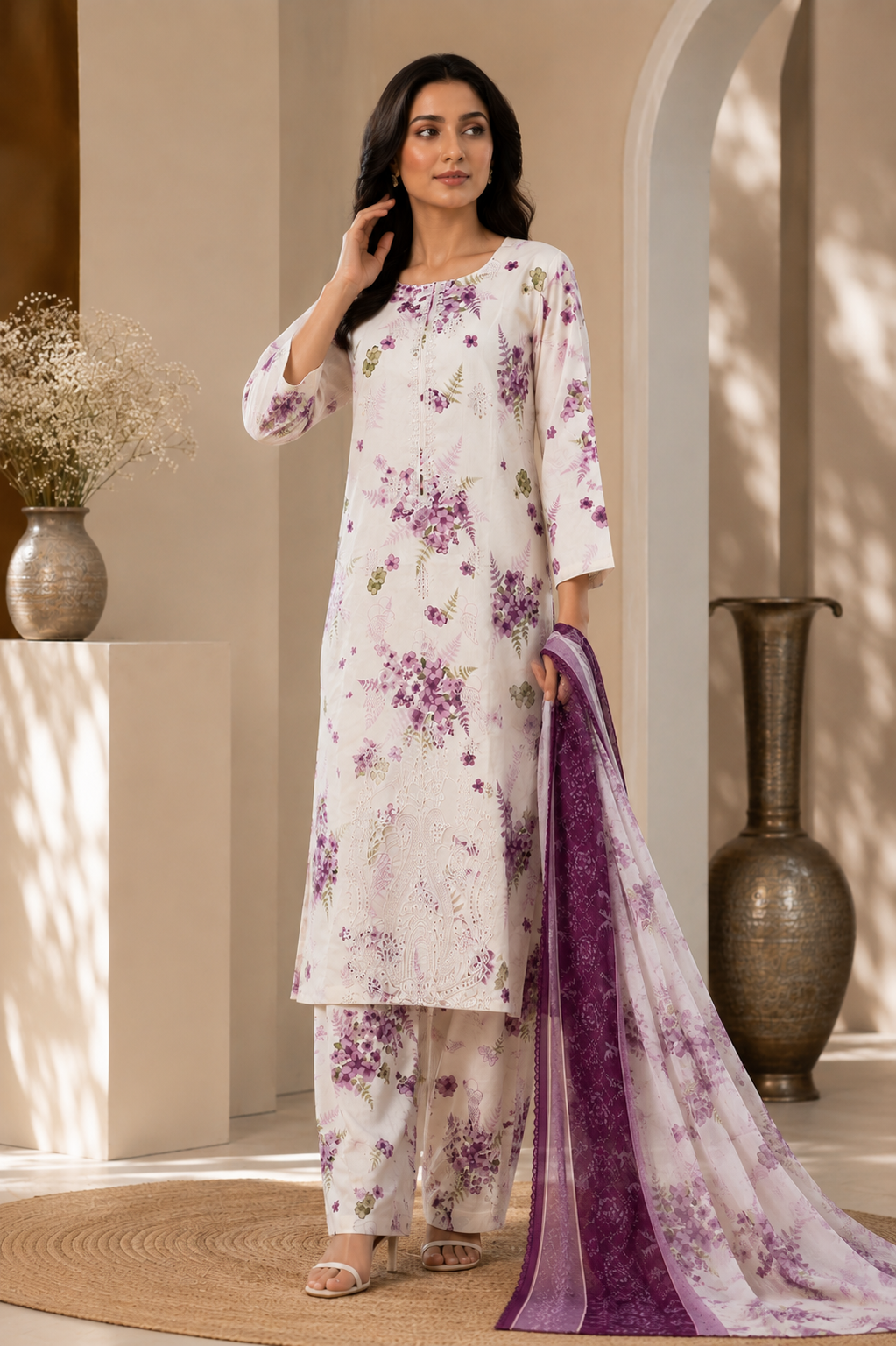 Cream & Magenta Chiken Kari Embroidered Lawn 3 Piece Suit with Farshi Shalwar