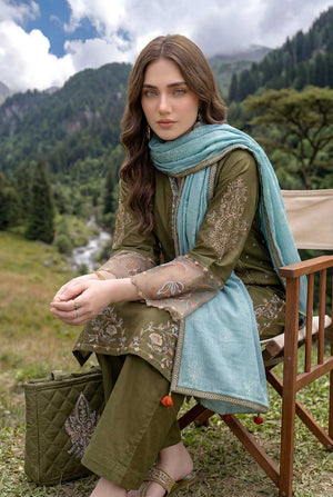 Zahra Rubab Mehndi embroidered lawn suit with hand painted dupatta