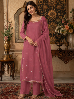 Dusty pink chiffon formal Pakistani dress with handmade beadwork