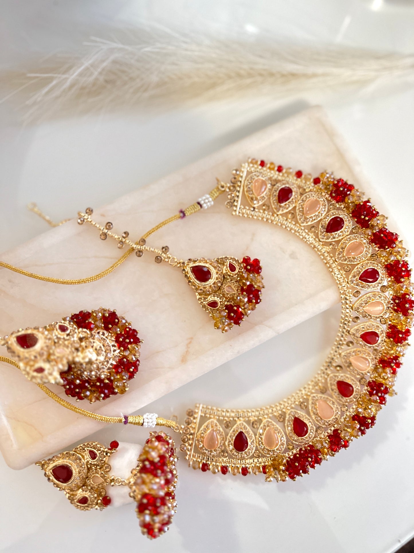 Stunning Jhumka Drop Pearl Set (Red/Beige)