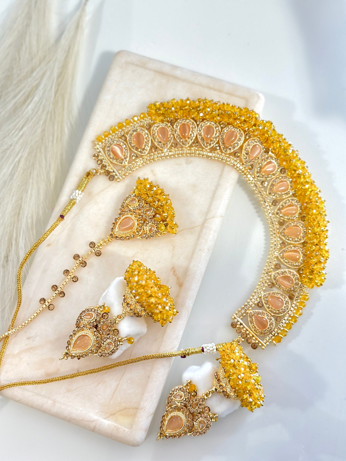 Stunning Jhumka Drop Pearl Set (Yellow)