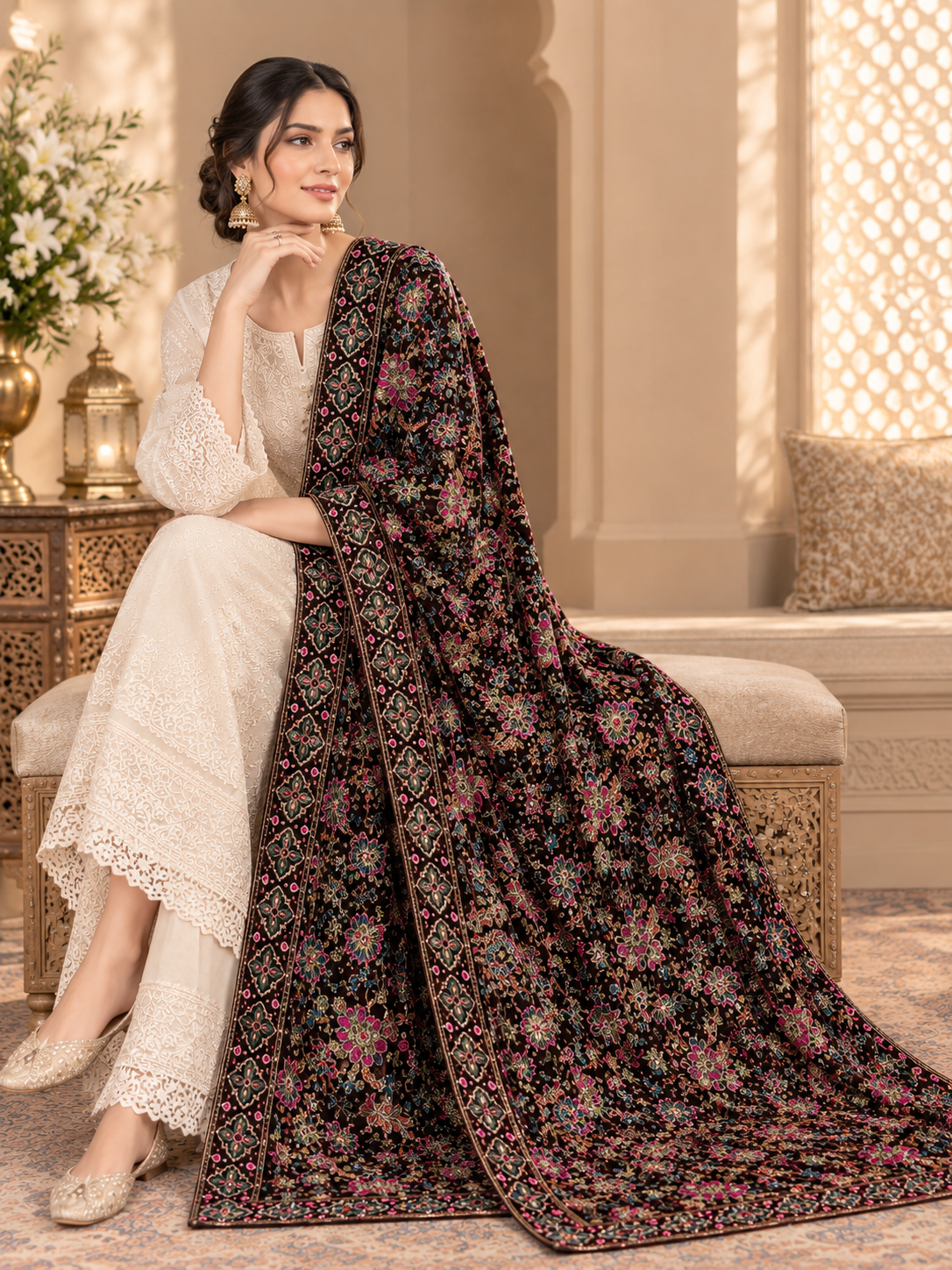 Dark Burgundy Velvet Embroidered Shawl