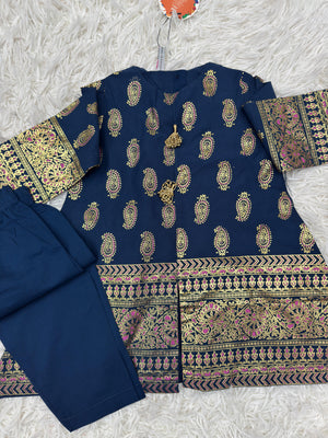 Elegant blue Baby Choice girls 2 piece cotton dress with printed sleeves available at Maryam Qasim Boutique in Canada