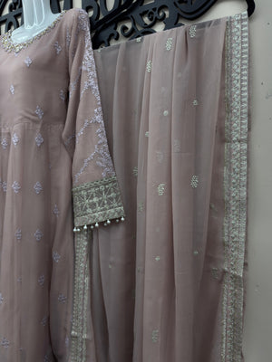 Elegant dusty rose Pakistani fancy embroidered maxi dress with dupatta and trousers for weddings, Eid, and formal occasions.