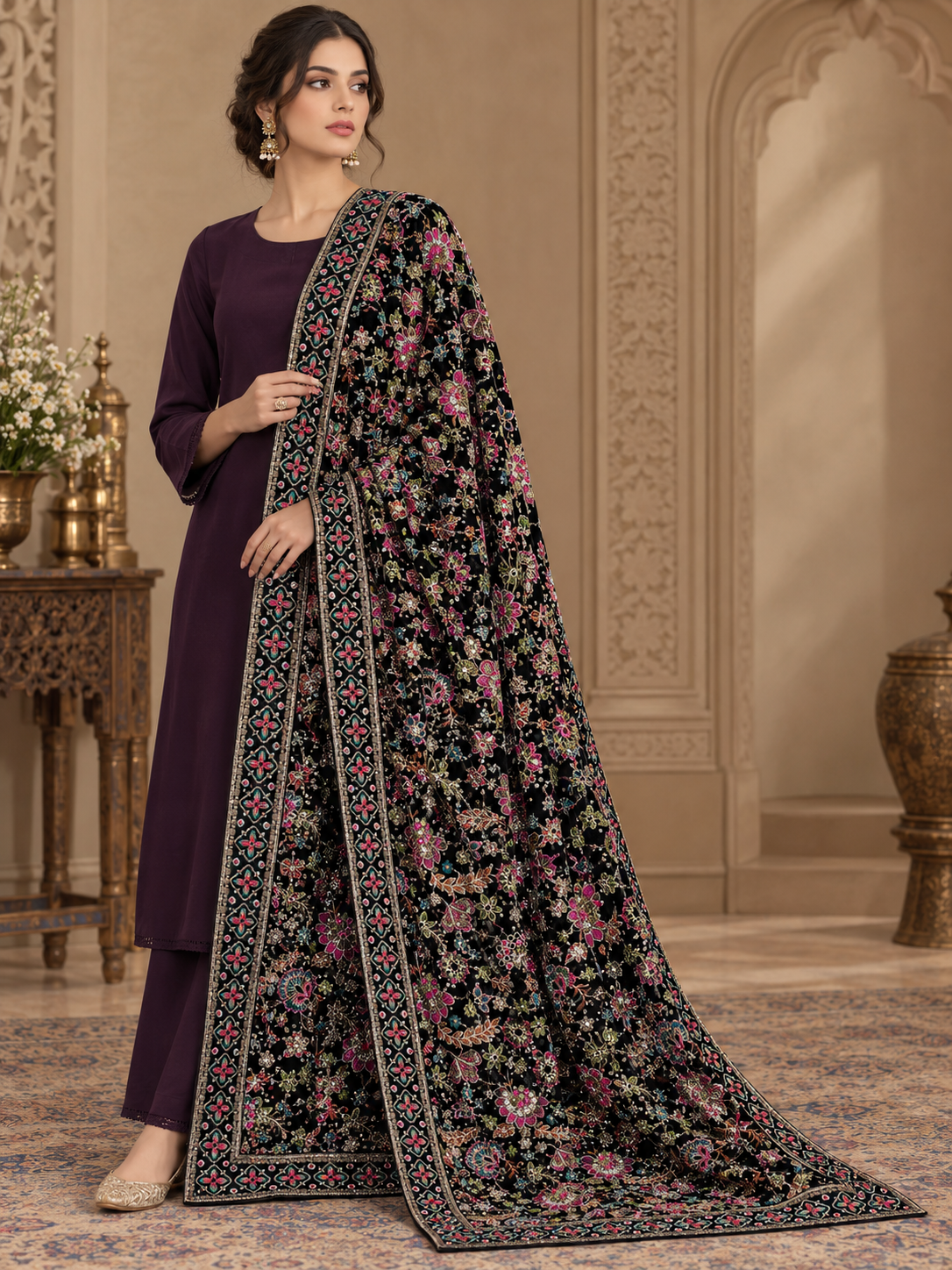 Dark Brown Velvet Embroidered Shawl