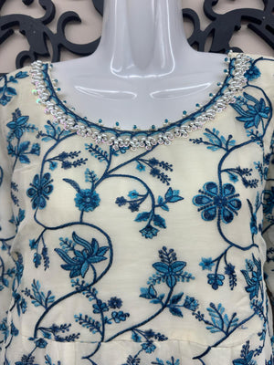 blue chiffon embroidered maxi dress with embroidered dupatta and trousers