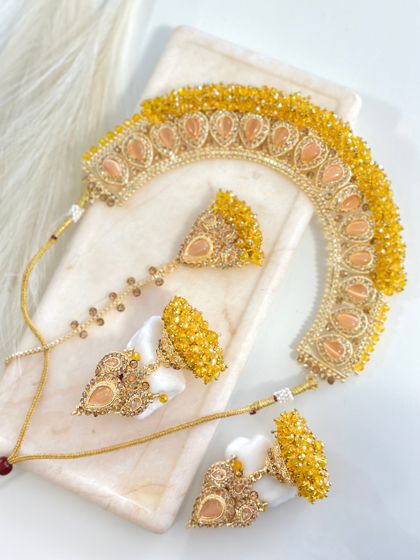 Stunning Jhumka Drop Pearl Set (Yellow)