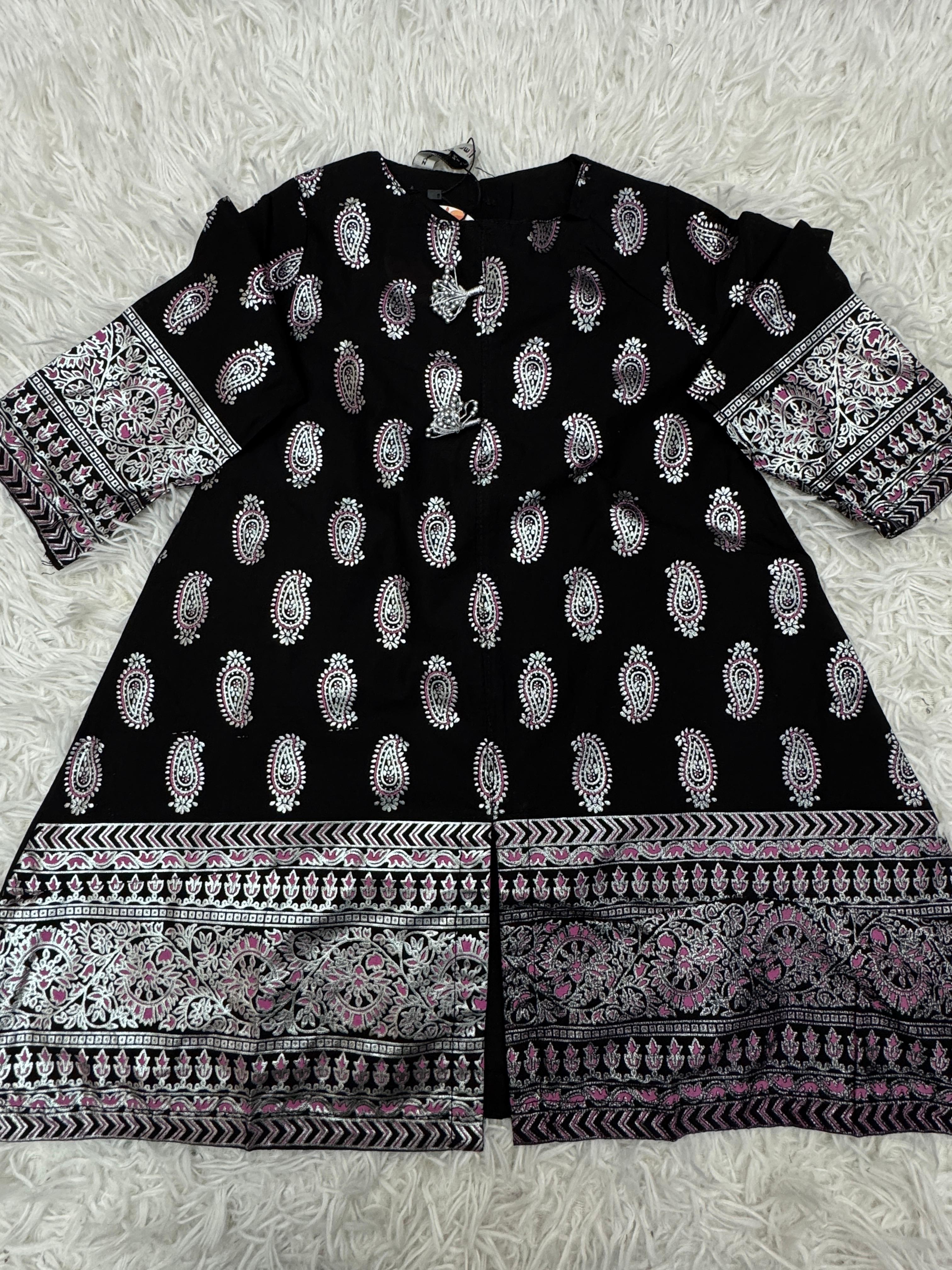 Girls black printed cotton outfit by Baby Choice featuring front tassels and ethnic border detailing.