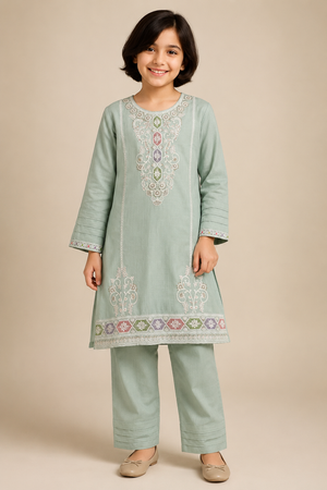 Girls sage green embroidered cotton 2 piece suit by Baby Choice in Canada