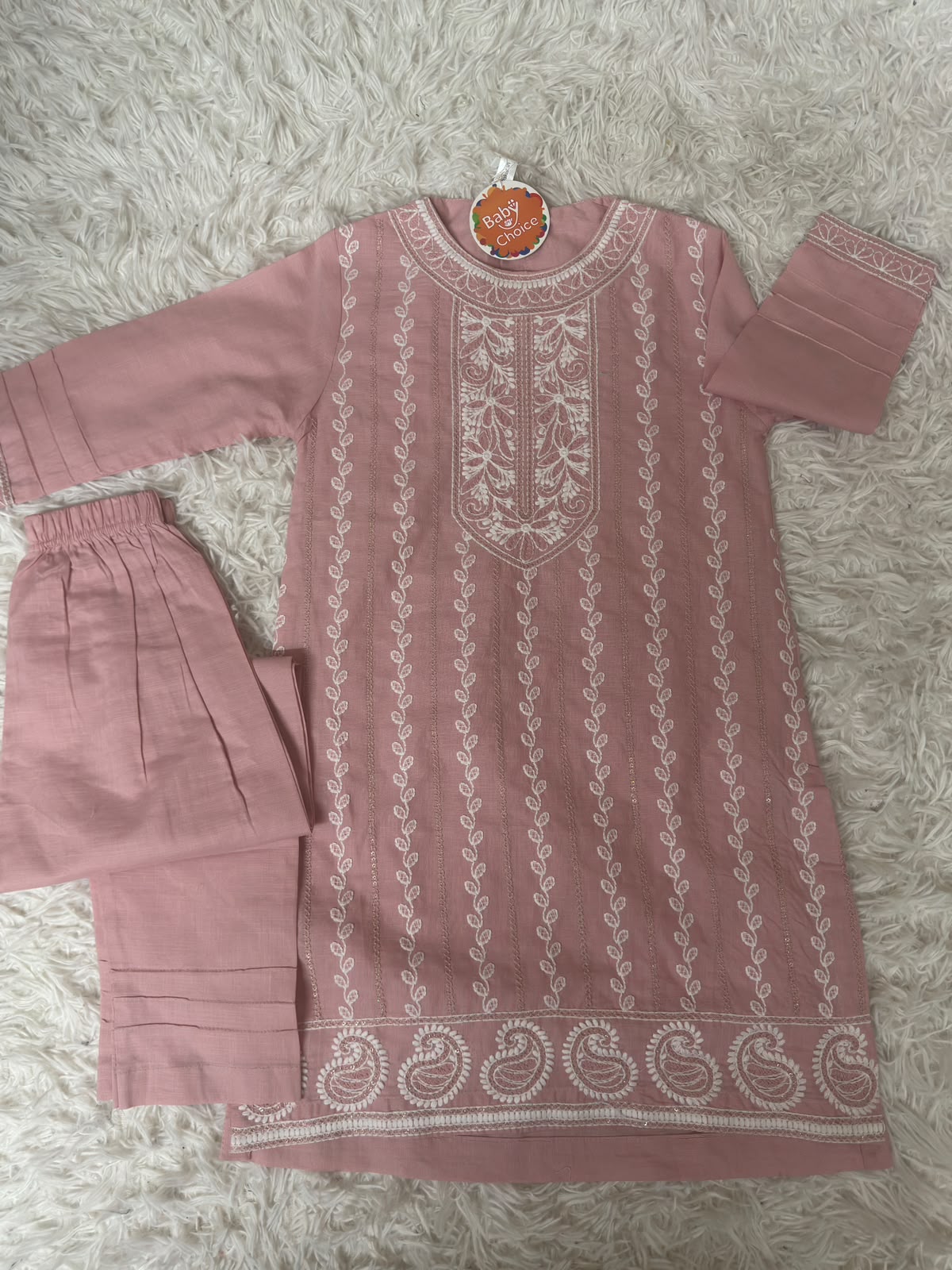 Girls soft pink embroidered cotton outfit by Baby Choice at Maryam Qasim Boutique in Canada