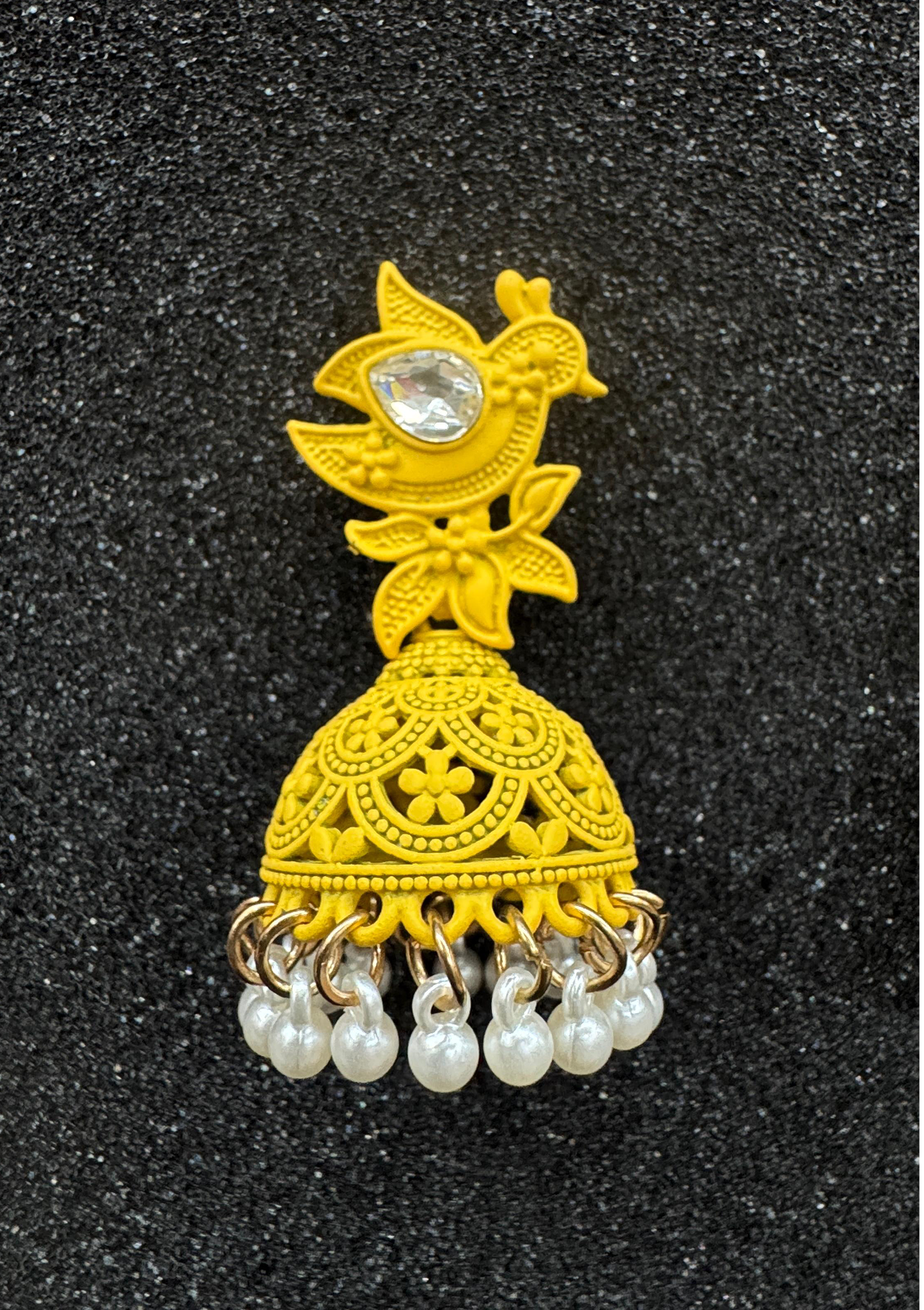 Yellow Peacock Design Jhumka Earrings with Pearl Drops