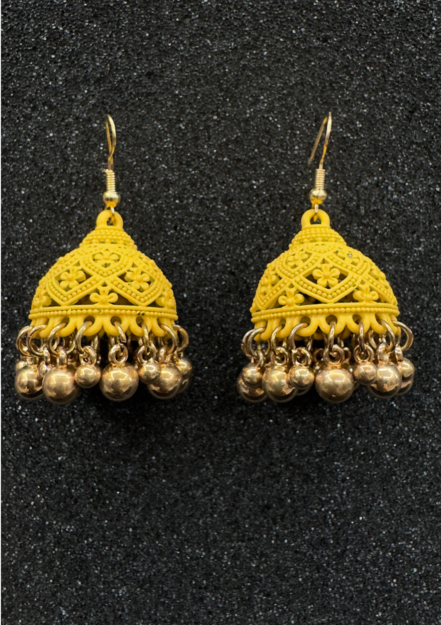 Yellow Carved Jhumka Earrings with Gold-Tone Moti Drops