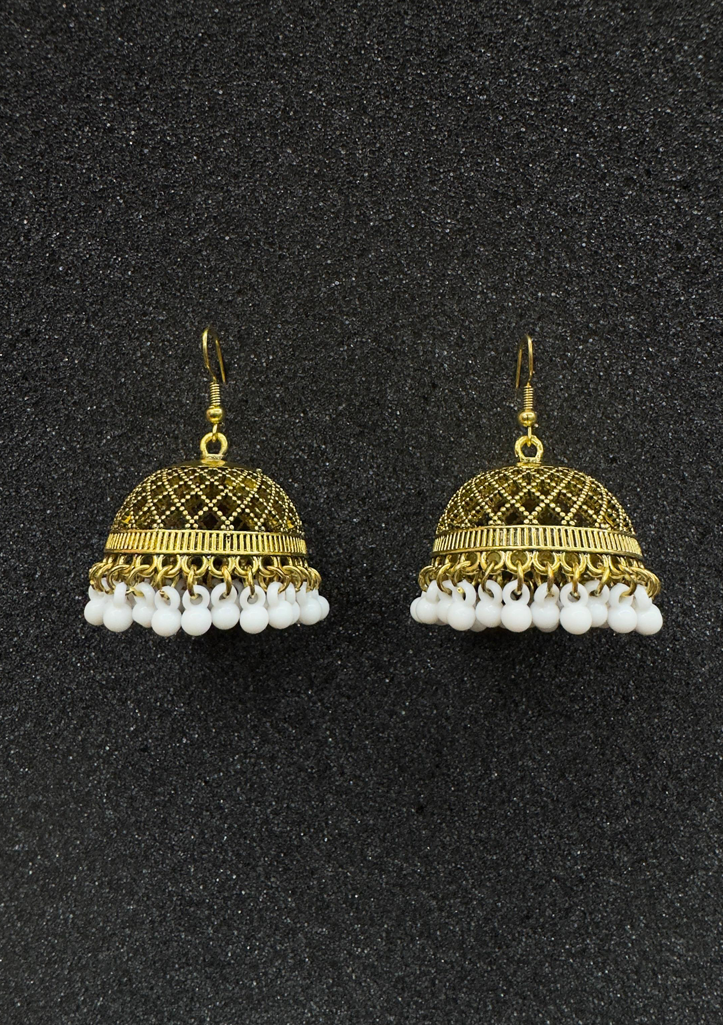 Gold-Tone Jhumka Earrings with White Pearl-Style Moti Drops