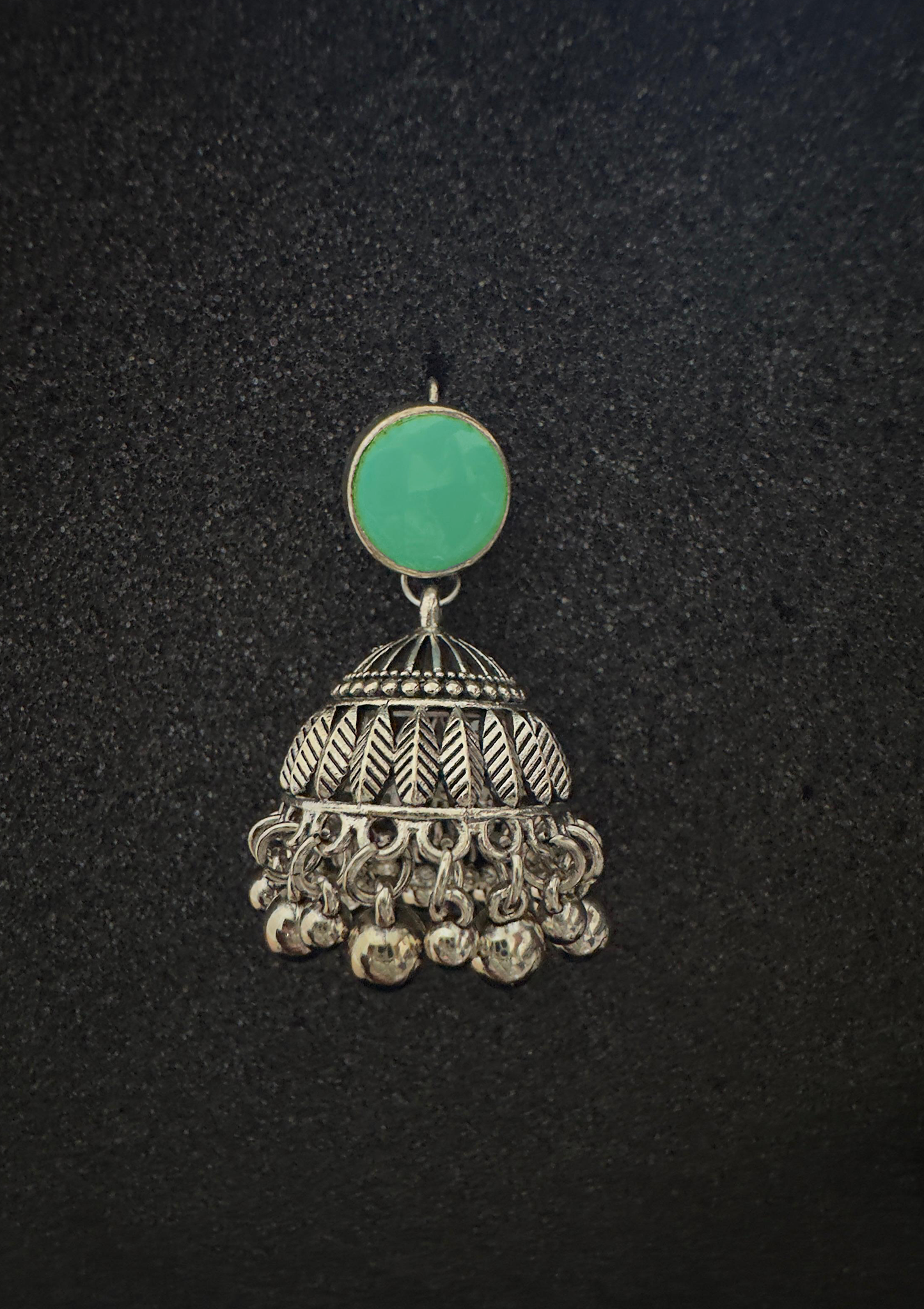 Sea Green Stone Silver Jhumka Earrings – Traditional Pakistani Jewelry
