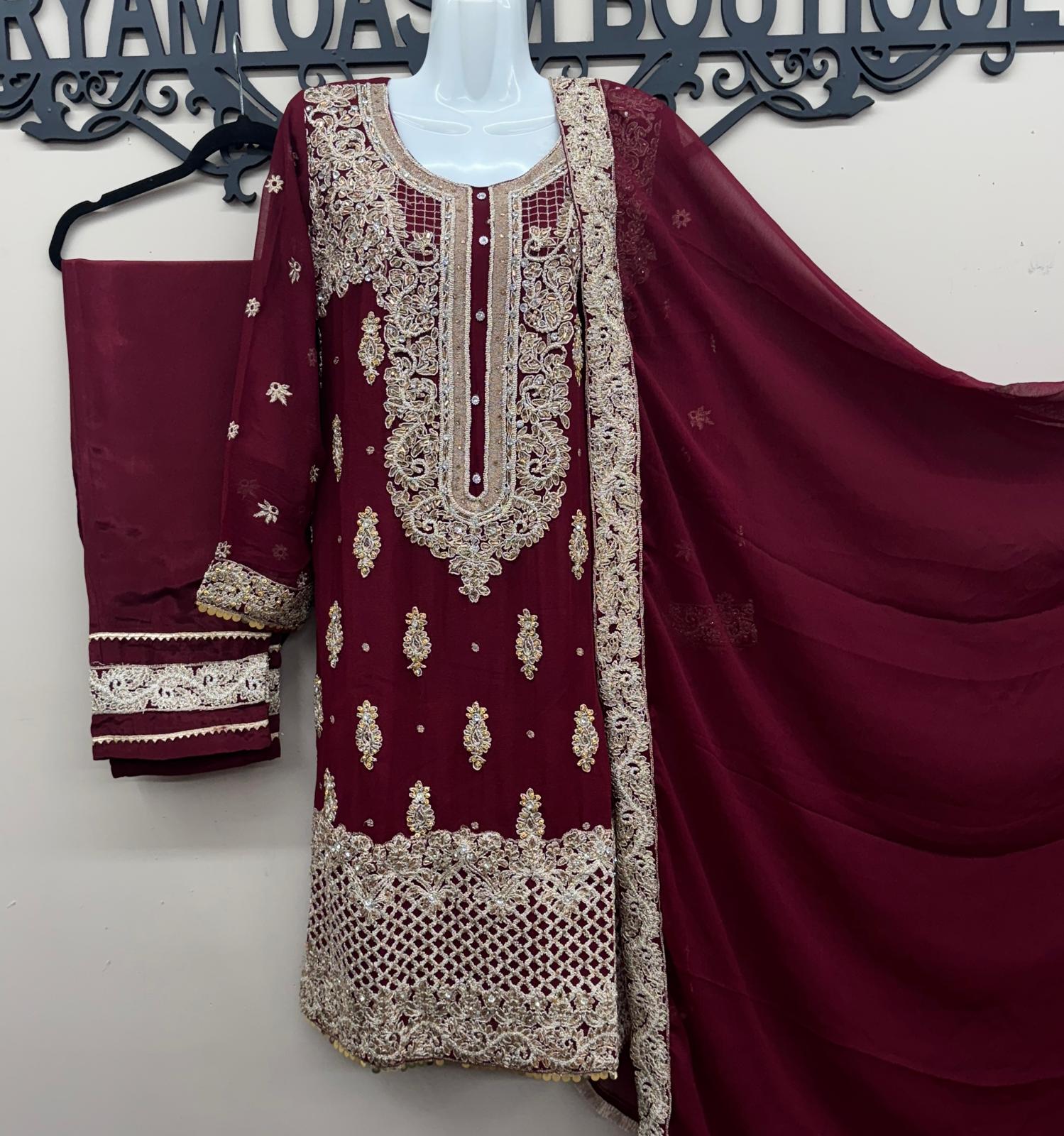 Maroon 3-Piece Chiffon Embroidered Outfit