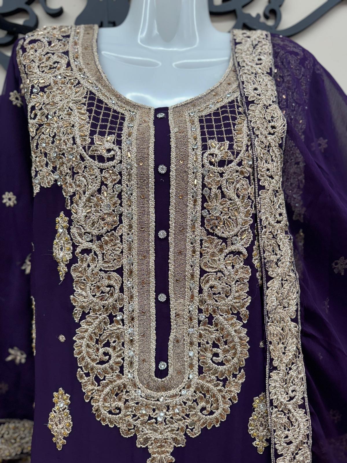 Purple 3-Piece Chiffon Embroidered Outfit