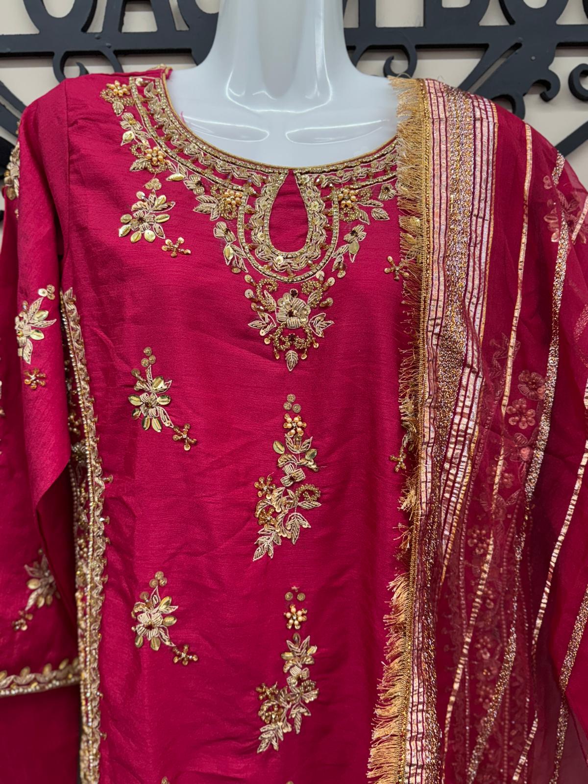 3-Piece Formal Hand Embroidery Outfit – Katten Silk Fabric with Zaree Work & Doptta