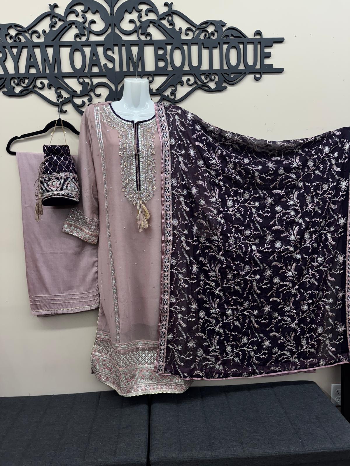 Formal Chiffon Embroidered 4Pc Dress with Potli Bag