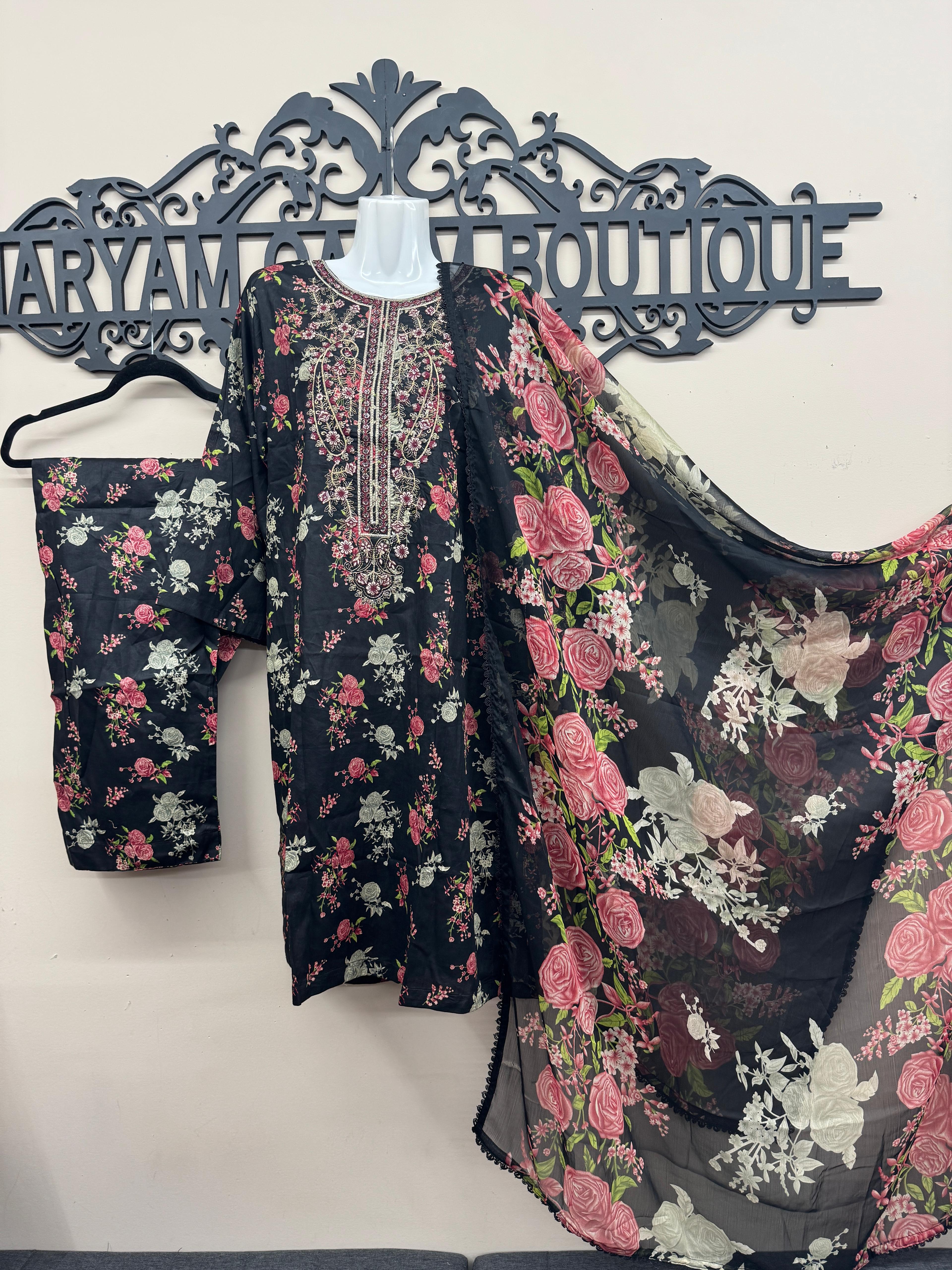 Black Floral 3-Piece Lawn Suit with Embroidered Neck & Printed Chiffon Dupatta