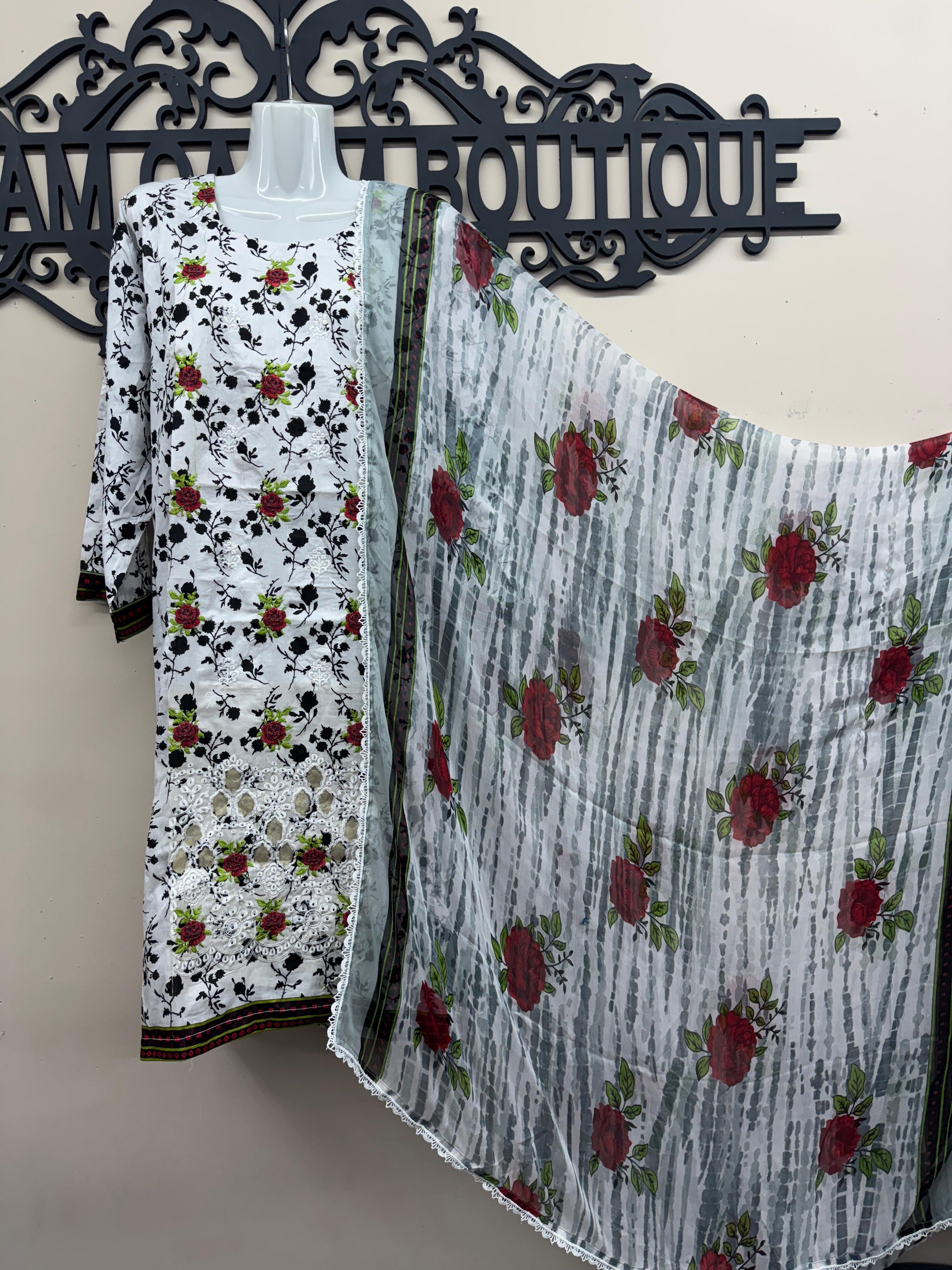 Black & Green 3-Piece Lawn Suit with Front Embroidery & Chiffon Dupatta