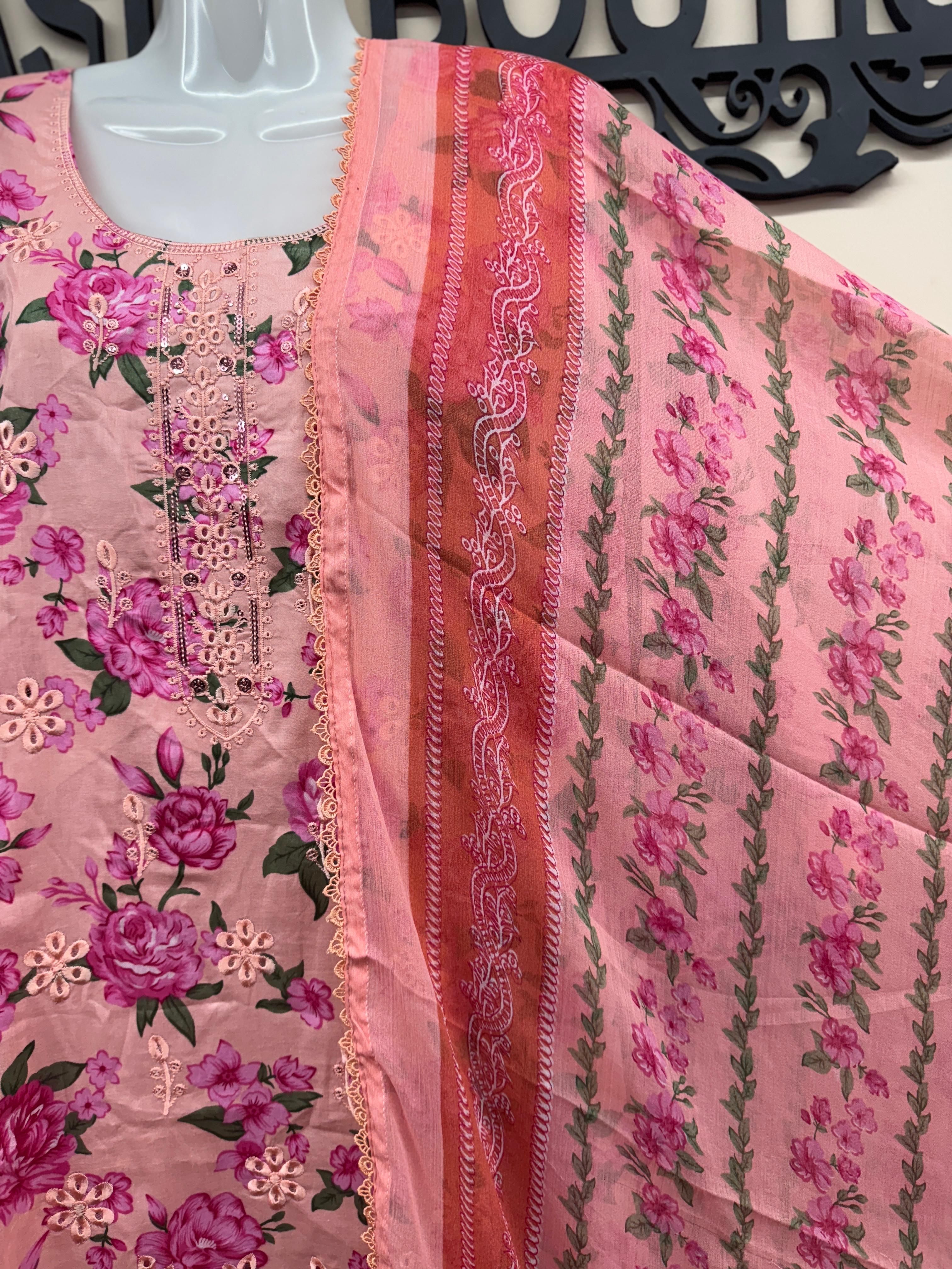 Pink Floral 3-Piece Lawn Suit with Embroidered Neck & Chiffon Dupatta