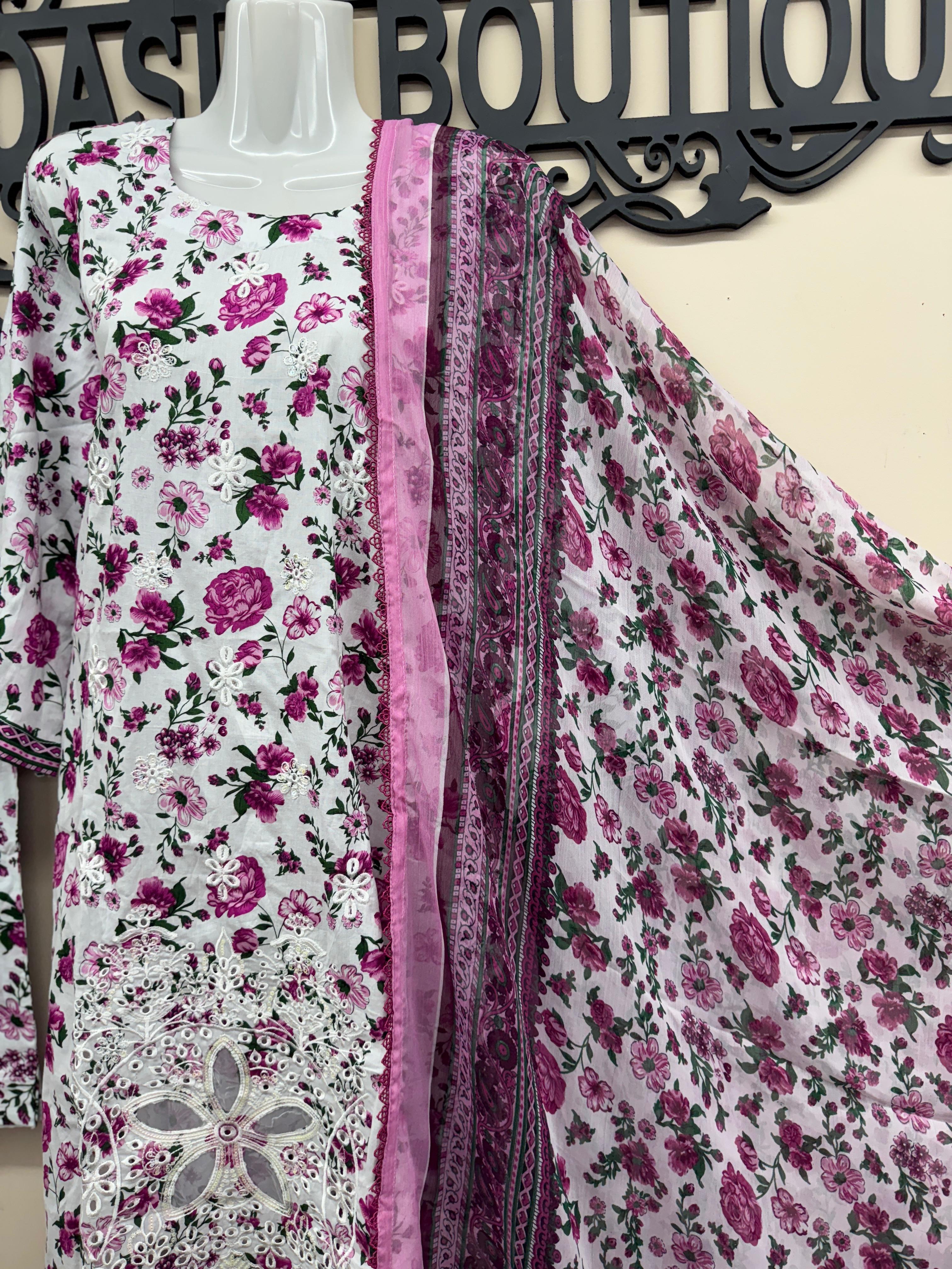 White & Pink Floral 3-Piece Lawn Suit with White Embroidery & Chiffon Dupatta
