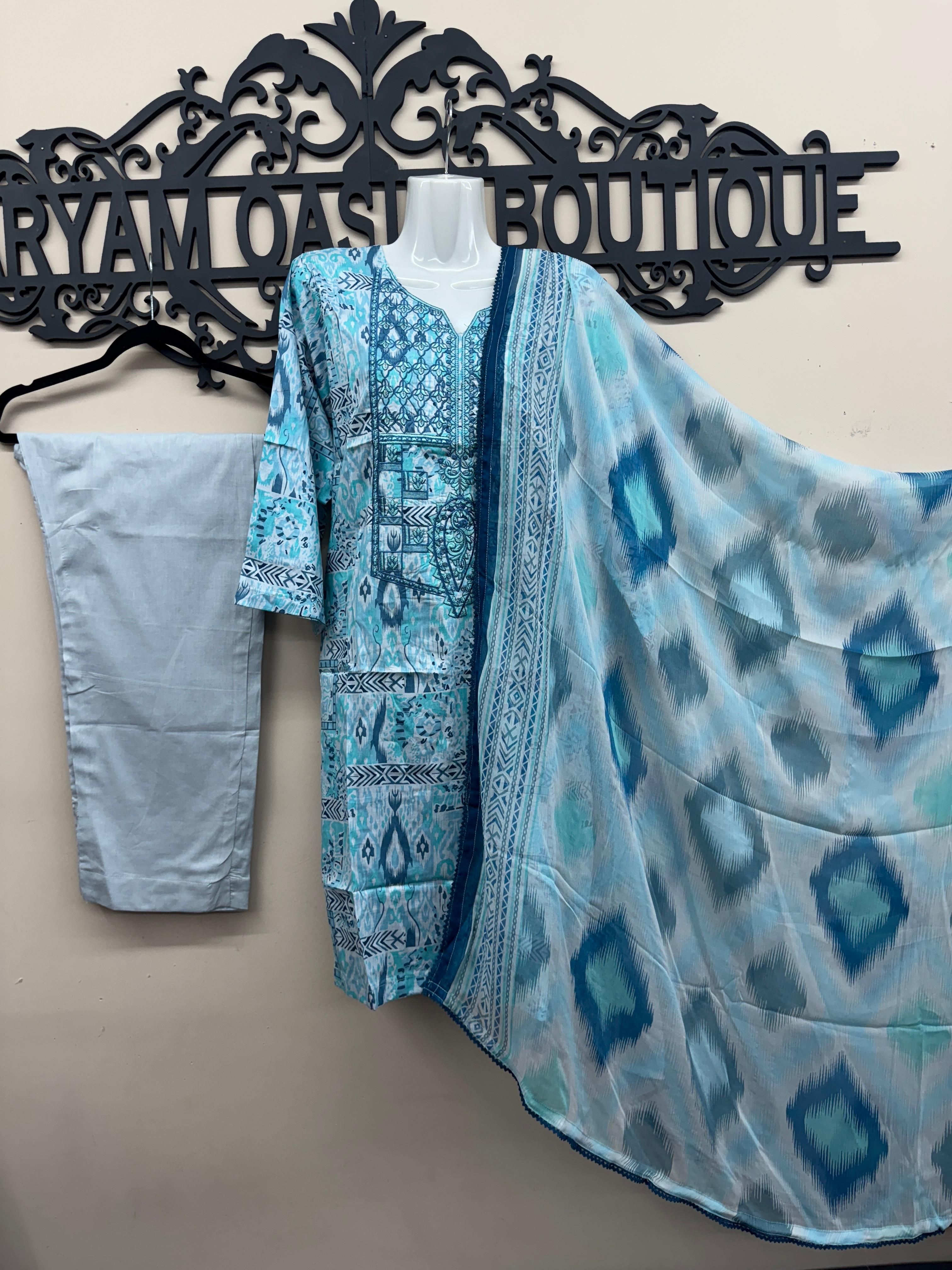 Blue Printed 3-Piece Lawn Suit with Embroidered Neck & Chiffon Dupatta
