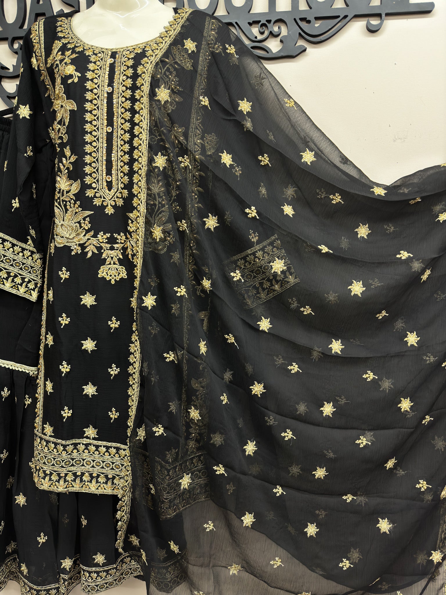 3-Piece Chiffon Embroidery Gharara Outfit - Black