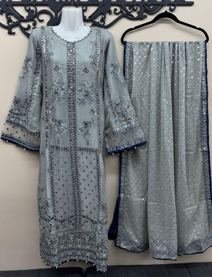 Ice blue Pakistani wedding guest dress with embroidery