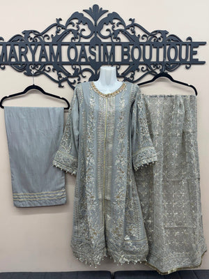 Icy blue silver Pakistani wedding suit with embroidered front in Canada