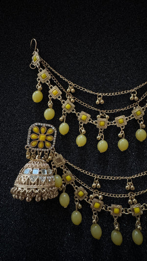 Shop beautiful yellow mirror oxidized jhumka earrings with Sahara chain. Perfect for weddings, Eid, Mehndi, festivals and traditional ethnic outfits in Canada.