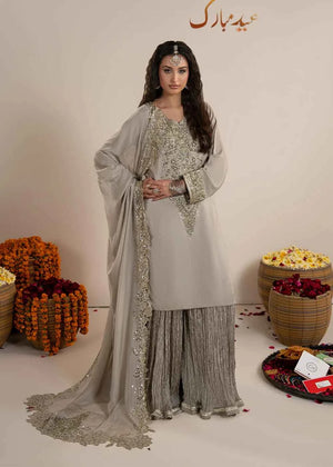 3 pcs Grey Raw Silk Sharara Suit – Zarqun Formal Pakistani Dress Canada