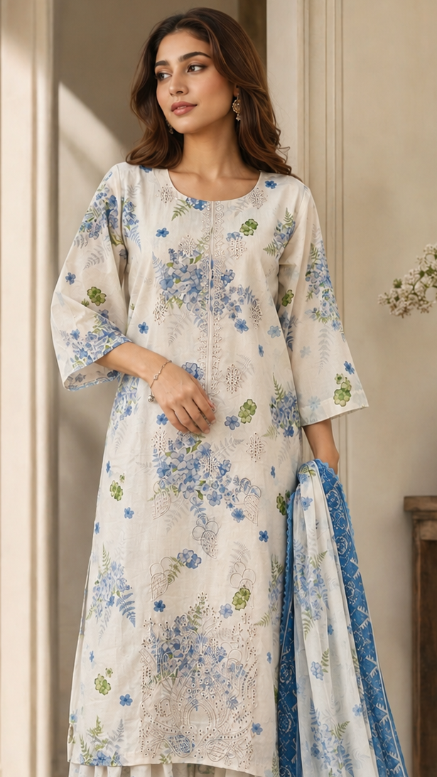 Ivory Blue Chiken Kari Embroidered Lawn 3 Piece wear with Farshi Shalwar